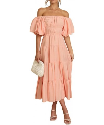 Off-Shoulder Dresses for Women Summer Puff Sleeve Empire Waist Casual Ruffle A-Line Flowy Midi Dress with Belt Peach $23.51 D...