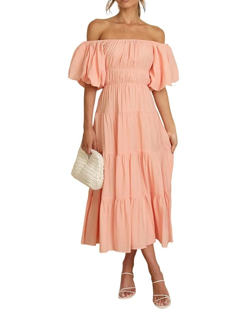 Off-Shoulder Dresses for Women Summer Puff Sleeve Empire Waist Casual Ruffle A-Line Flowy Midi Dress with Belt Peach $23.51 D...