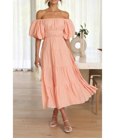 Off-Shoulder Dresses for Women Summer Puff Sleeve Empire Waist Casual Ruffle A-Line Flowy Midi Dress with Belt Peach $23.51 D...