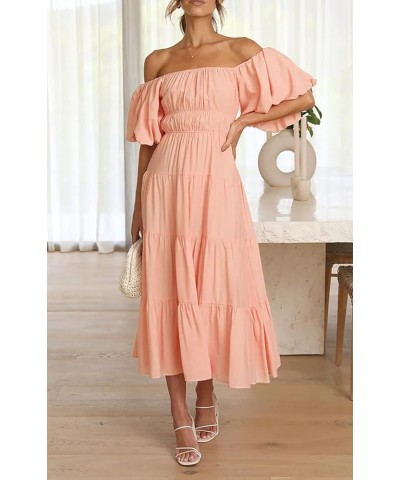 Off-Shoulder Dresses for Women Summer Puff Sleeve Empire Waist Casual Ruffle A-Line Flowy Midi Dress with Belt Peach $23.51 D...