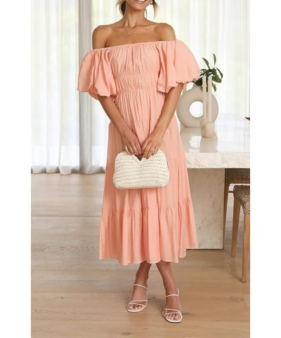 Off-Shoulder Dresses for Women Summer Puff Sleeve Empire Waist Casual Ruffle A-Line Flowy Midi Dress with Belt Peach $23.51 D...