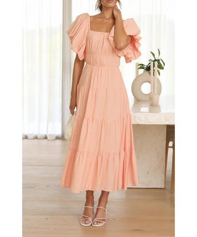 Off-Shoulder Dresses for Women Summer Puff Sleeve Empire Waist Casual Ruffle A-Line Flowy Midi Dress with Belt Peach $23.51 D...