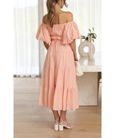 Off-Shoulder Dresses for Women Summer Puff Sleeve Empire Waist Casual Ruffle A-Line Flowy Midi Dress with Belt Peach $23.51 D...