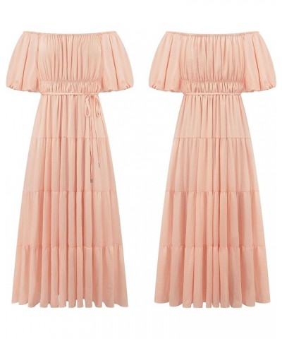 Off-Shoulder Dresses for Women Summer Puff Sleeve Empire Waist Casual Ruffle A-Line Flowy Midi Dress with Belt Peach $23.51 D...