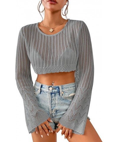 Women's Crochet Knit Crop Top Hollow Out Long Bell Sleeve Round Neck Sweater Summer Beach Bikini Pullover Cover Up Grey $12.7...