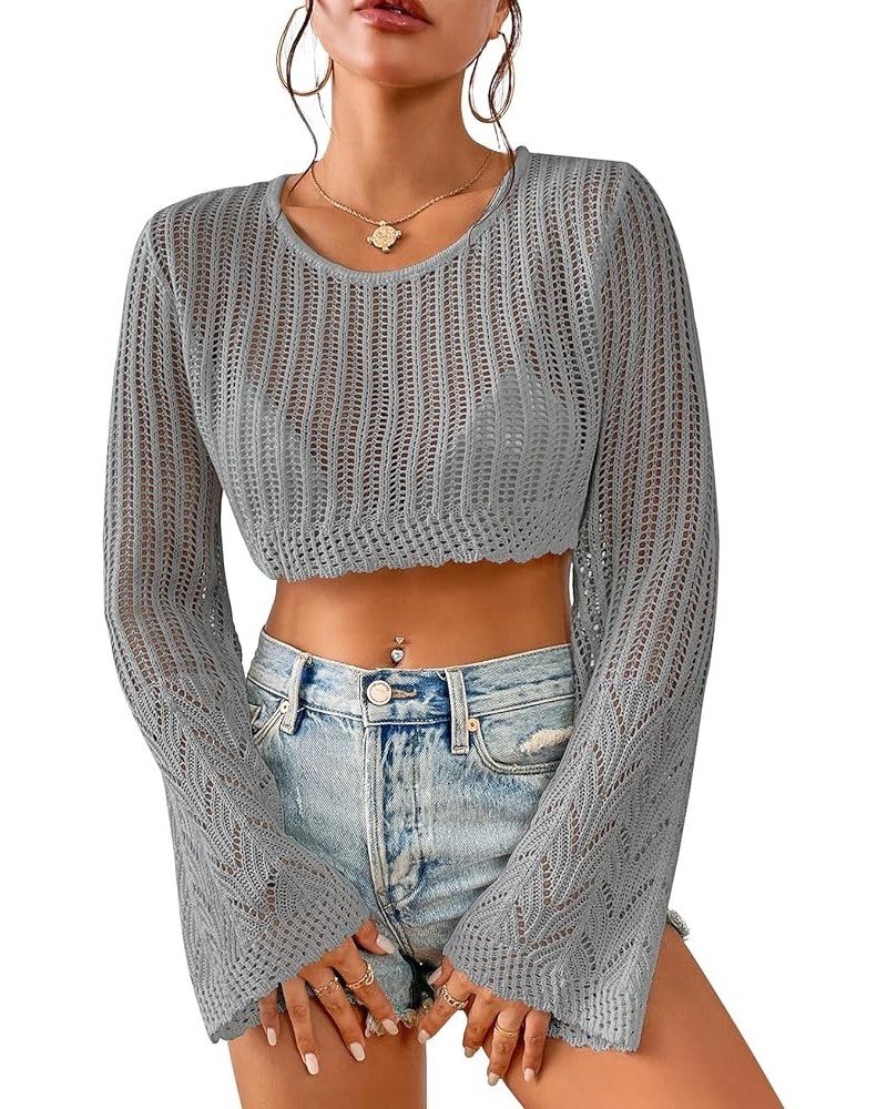 Women's Crochet Knit Crop Top Hollow Out Long Bell Sleeve Round Neck Sweater Summer Beach Bikini Pullover Cover Up Grey $12.7...