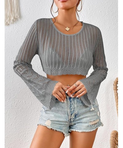 Women's Crochet Knit Crop Top Hollow Out Long Bell Sleeve Round Neck Sweater Summer Beach Bikini Pullover Cover Up Grey $12.7...