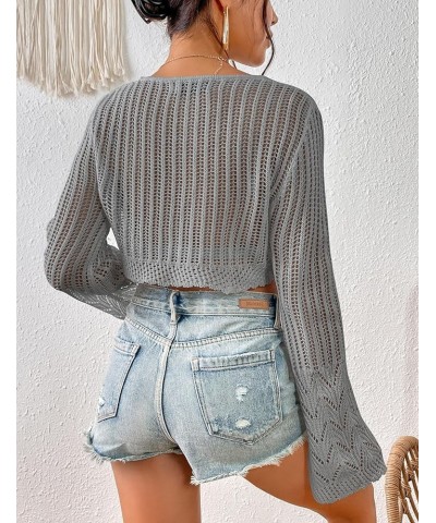 Women's Crochet Knit Crop Top Hollow Out Long Bell Sleeve Round Neck Sweater Summer Beach Bikini Pullover Cover Up Grey $12.7...