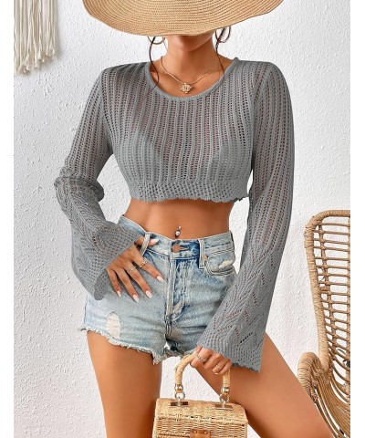 Women's Crochet Knit Crop Top Hollow Out Long Bell Sleeve Round Neck Sweater Summer Beach Bikini Pullover Cover Up Grey $12.7...