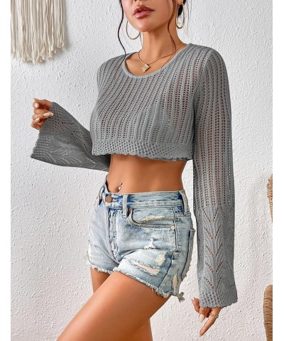 Women's Crochet Knit Crop Top Hollow Out Long Bell Sleeve Round Neck Sweater Summer Beach Bikini Pullover Cover Up Grey $12.7...