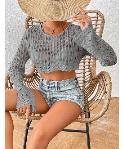 Women's Crochet Knit Crop Top Hollow Out Long Bell Sleeve Round Neck Sweater Summer Beach Bikini Pullover Cover Up Grey $12.7...