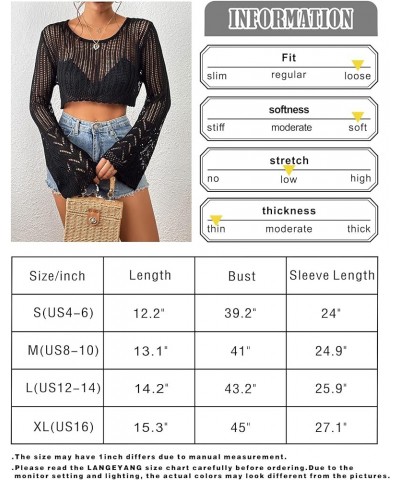 Women's Crochet Knit Crop Top Hollow Out Long Bell Sleeve Round Neck Sweater Summer Beach Bikini Pullover Cover Up Grey $12.7...