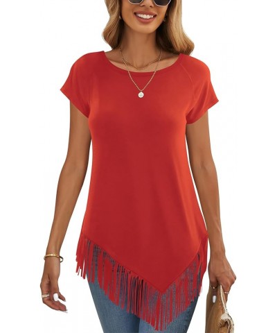 Women's Summer Tshirts Raglan Short Sleeve Round Neck Asymmetric Hem Fringe Shirt Tunic Tops Red $9.68 Tops