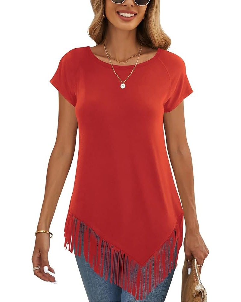 Women's Summer Tshirts Raglan Short Sleeve Round Neck Asymmetric Hem Fringe Shirt Tunic Tops Red $9.68 Tops