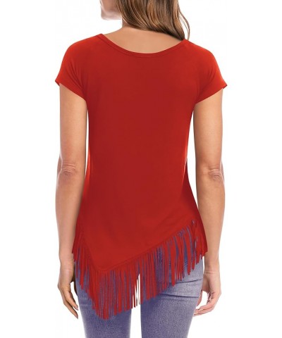 Women's Summer Tshirts Raglan Short Sleeve Round Neck Asymmetric Hem Fringe Shirt Tunic Tops Red $9.68 Tops