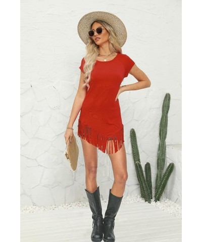 Women's Summer Tshirts Raglan Short Sleeve Round Neck Asymmetric Hem Fringe Shirt Tunic Tops Red $9.68 Tops