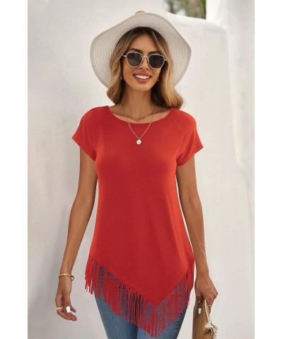 Women's Summer Tshirts Raglan Short Sleeve Round Neck Asymmetric Hem Fringe Shirt Tunic Tops Red $9.68 Tops