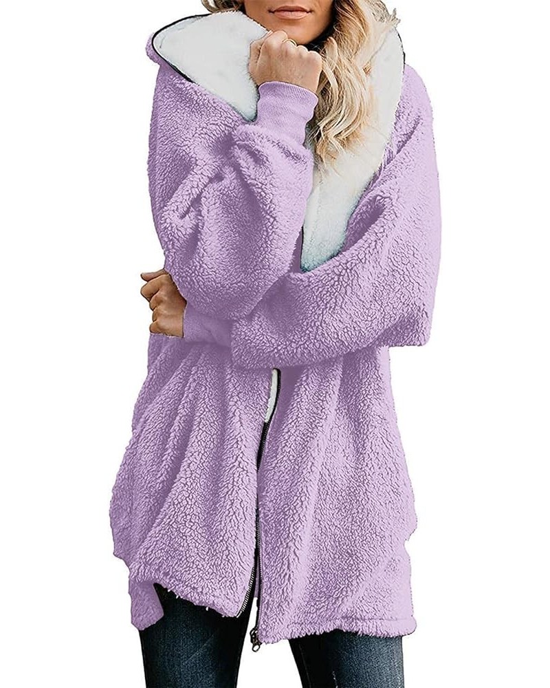 Women Oversized Sherpa Jackets Fuzzy Fleece Hoodies Zip Up Outerwear Coat With Pockets Light Purple $30.08 Jackets