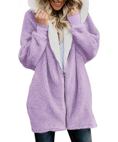 Women Oversized Sherpa Jackets Fuzzy Fleece Hoodies Zip Up Outerwear Coat With Pockets Light Purple $30.08 Jackets