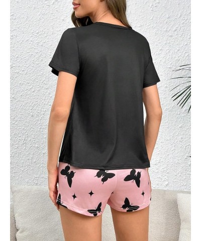 Women's Short Sleeve Tee Top and Plaid Shorts Lounge Pajama Set Sleepwear Black and Pink Butterfly $15.65 Sleep & Lounge