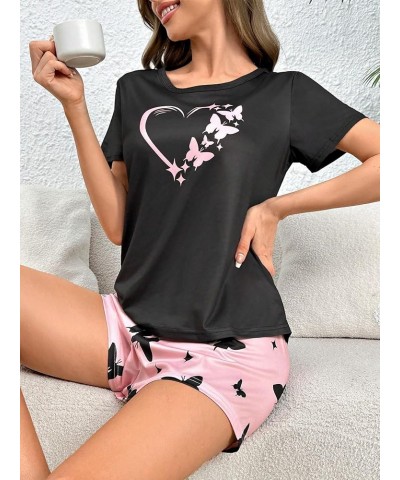 Women's Short Sleeve Tee Top and Plaid Shorts Lounge Pajama Set Sleepwear Black and Pink Butterfly $15.65 Sleep & Lounge