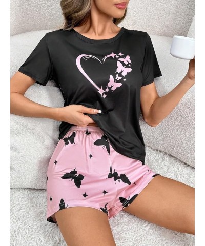 Women's Short Sleeve Tee Top and Plaid Shorts Lounge Pajama Set Sleepwear Black and Pink Butterfly $15.65 Sleep & Lounge