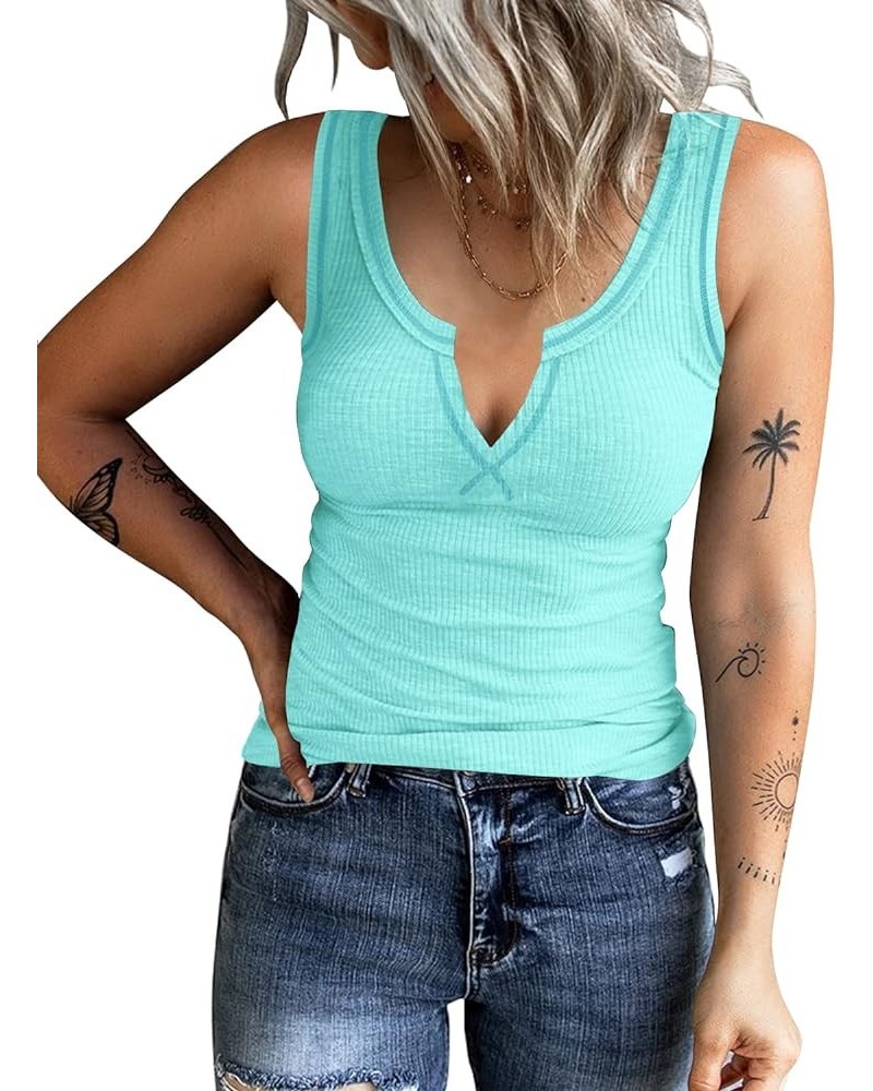 Women's Tank Tops Ribbed V Neck Sleeveless T Shirts Summer Slim Fitted Basic Tee Tops Crew Neck Cami Shirt A2-baby Blue $10.9...