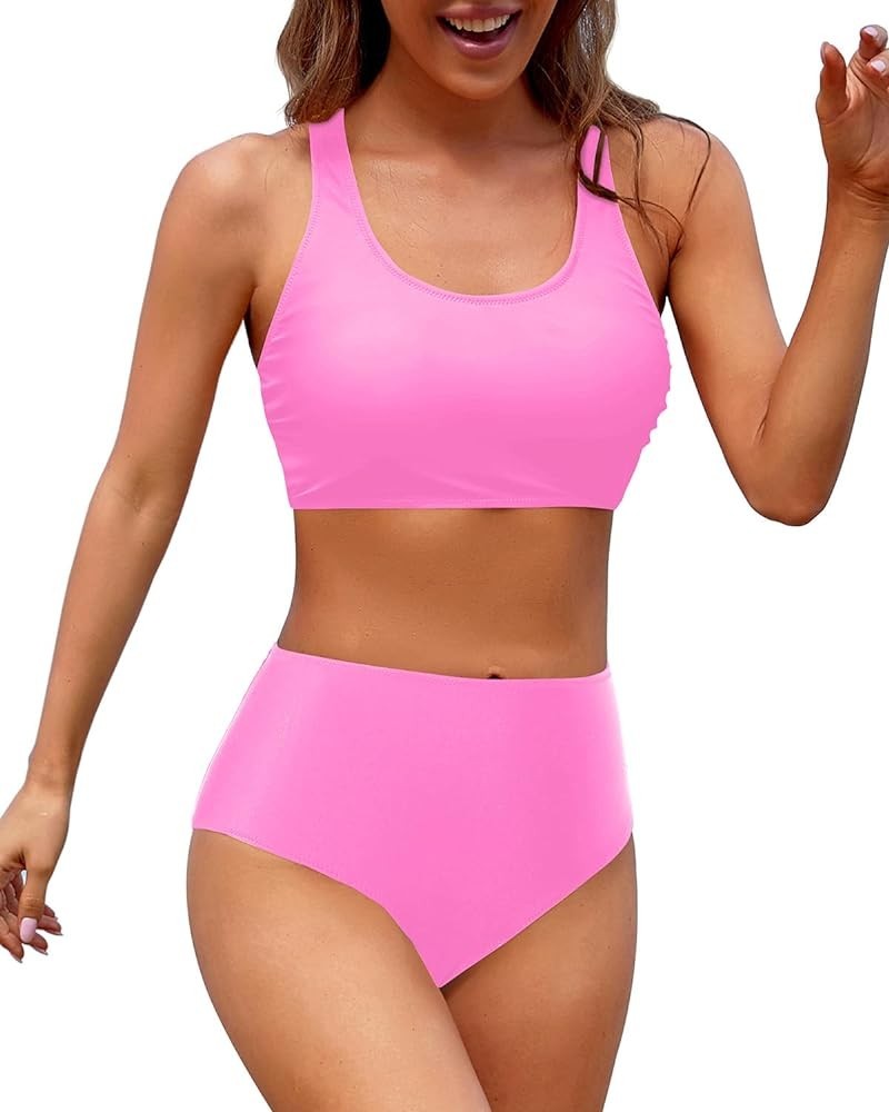 Women High Waisted Two Piece Bikini Sports Crop Top Swimsuit Scoop Neck Bathing Suit for Teen Girls with Bottom Light Pink $2...