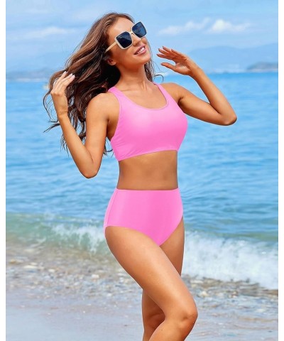 Women High Waisted Two Piece Bikini Sports Crop Top Swimsuit Scoop Neck Bathing Suit for Teen Girls with Bottom Light Pink $2...