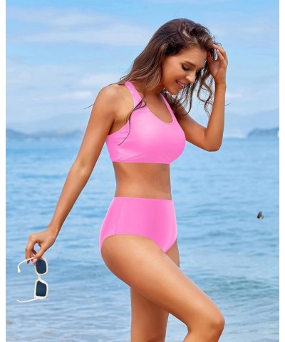 Women High Waisted Two Piece Bikini Sports Crop Top Swimsuit Scoop Neck Bathing Suit for Teen Girls with Bottom Light Pink $2...