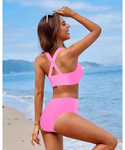 Women High Waisted Two Piece Bikini Sports Crop Top Swimsuit Scoop Neck Bathing Suit for Teen Girls with Bottom Light Pink $2...