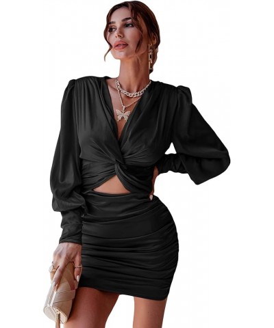 Women's Twist Front Ruched Long Sleeve V Neck Satin Party Bodycon Dress Black $28.04 Dresses