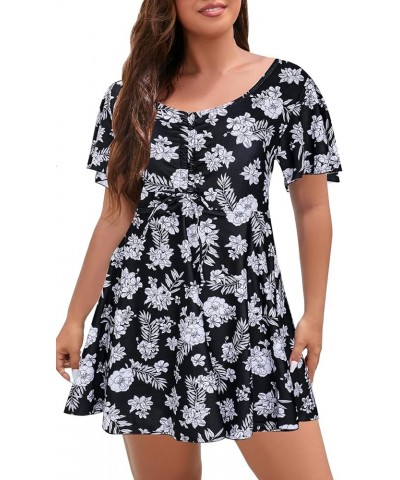 Womens One Piece Swimsuit Plus Size Short Sleeve Swimdress Ruched Bathing Suit with Built in Shorts Black Flower $22.43 Swims...