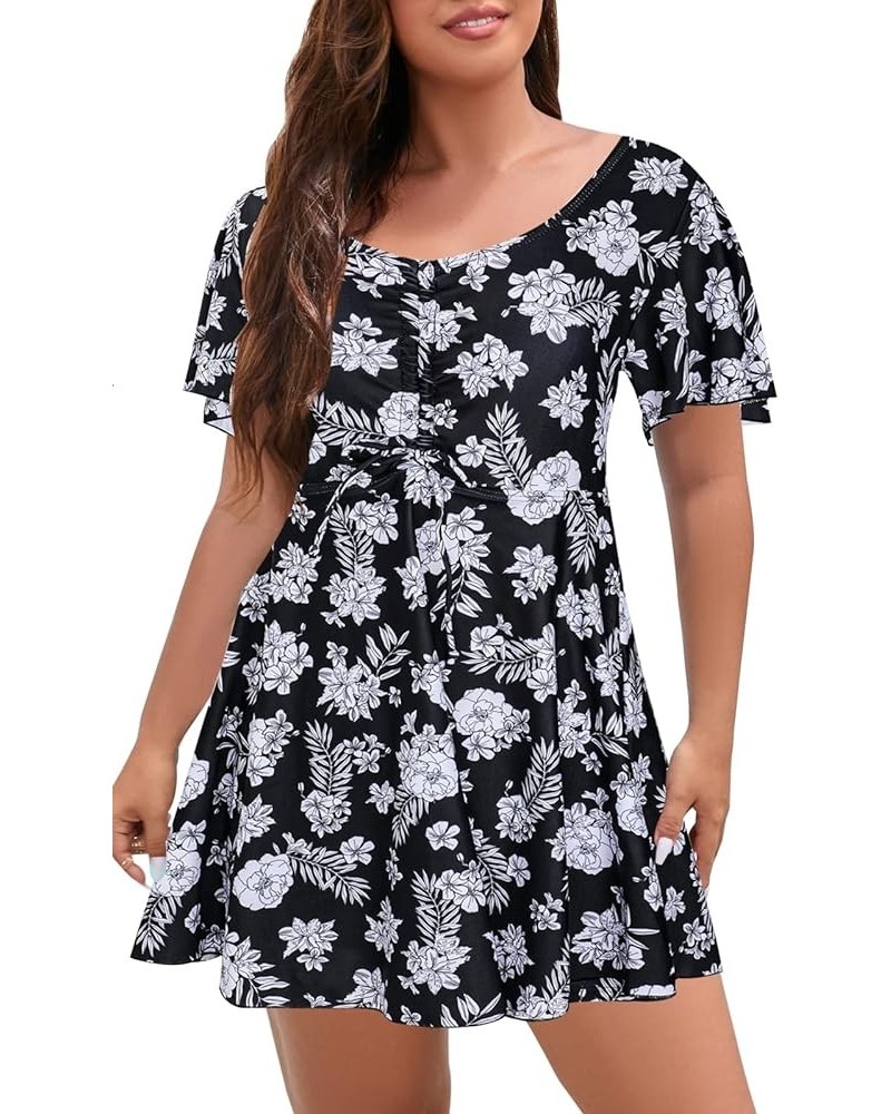 Womens One Piece Swimsuit Plus Size Short Sleeve Swimdress Ruched Bathing Suit with Built in Shorts Black Flower $22.43 Swims...