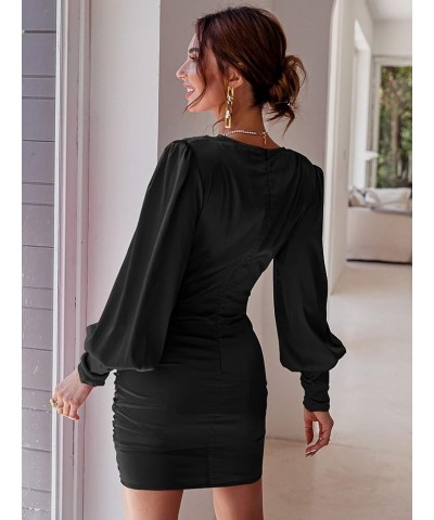 Women's Twist Front Ruched Long Sleeve V Neck Satin Party Bodycon Dress Black $28.04 Dresses