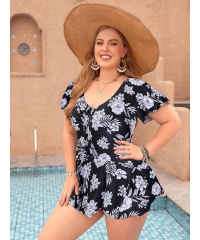 Womens One Piece Swimsuit Plus Size Short Sleeve Swimdress Ruched Bathing Suit with Built in Shorts Black Flower $22.43 Swims...