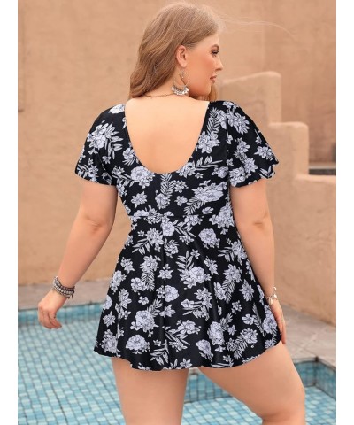 Womens One Piece Swimsuit Plus Size Short Sleeve Swimdress Ruched Bathing Suit with Built in Shorts Black Flower $22.43 Swims...