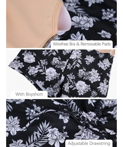 Womens One Piece Swimsuit Plus Size Short Sleeve Swimdress Ruched Bathing Suit with Built in Shorts Black Flower $22.43 Swims...