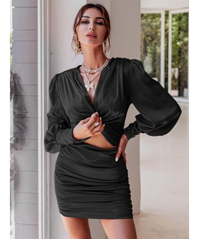 Women's Twist Front Ruched Long Sleeve V Neck Satin Party Bodycon Dress Black $28.04 Dresses