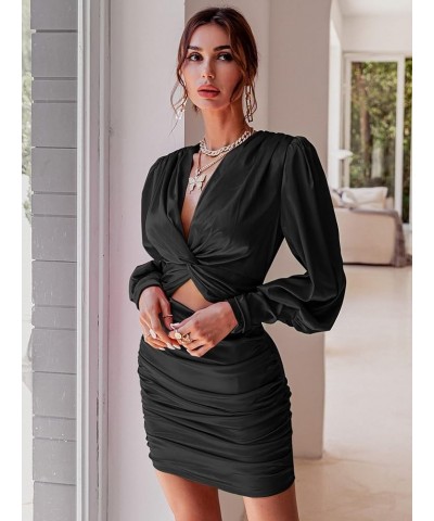 Women's Twist Front Ruched Long Sleeve V Neck Satin Party Bodycon Dress Black $28.04 Dresses