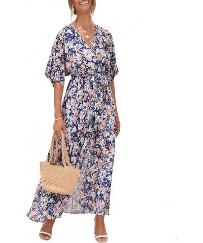 Women’s Summer Loose Kimono Maxi Dress Wrap V Neck 3/4 Sleeve Floral Print Slit Long Dresses Floral Blue White $27.50 Dresses