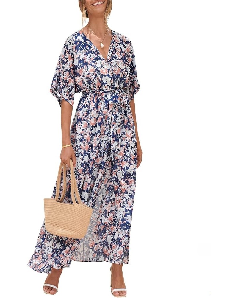 Women’s Summer Loose Kimono Maxi Dress Wrap V Neck 3/4 Sleeve Floral Print Slit Long Dresses Floral Blue White $27.50 Dresses