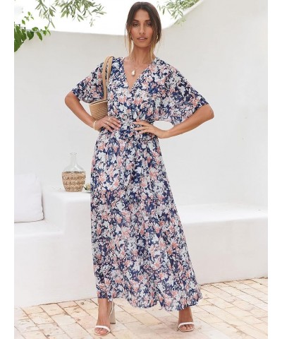 Women’s Summer Loose Kimono Maxi Dress Wrap V Neck 3/4 Sleeve Floral Print Slit Long Dresses Floral Blue White $27.50 Dresses