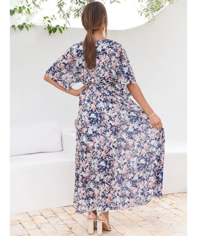 Women’s Summer Loose Kimono Maxi Dress Wrap V Neck 3/4 Sleeve Floral Print Slit Long Dresses Floral Blue White $27.50 Dresses