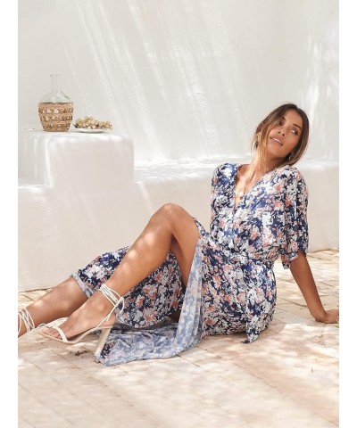 Women’s Summer Loose Kimono Maxi Dress Wrap V Neck 3/4 Sleeve Floral Print Slit Long Dresses Floral Blue White $27.50 Dresses