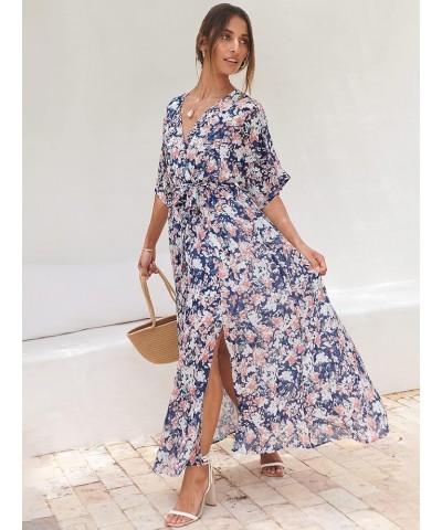 Women’s Summer Loose Kimono Maxi Dress Wrap V Neck 3/4 Sleeve Floral Print Slit Long Dresses Floral Blue White $27.50 Dresses