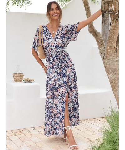 Women’s Summer Loose Kimono Maxi Dress Wrap V Neck 3/4 Sleeve Floral Print Slit Long Dresses Floral Blue White $27.50 Dresses