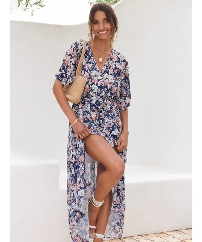 Women’s Summer Loose Kimono Maxi Dress Wrap V Neck 3/4 Sleeve Floral Print Slit Long Dresses Floral Blue White $27.50 Dresses