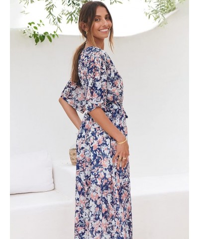 Women’s Summer Loose Kimono Maxi Dress Wrap V Neck 3/4 Sleeve Floral Print Slit Long Dresses Floral Blue White $27.50 Dresses