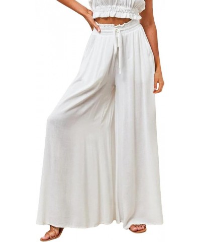 Women Wide Leg Pants Flowy Casual High Waisted Lounge Pants Plus Size Smocked Palazzo Pants Trousers with Pockets A White $8....